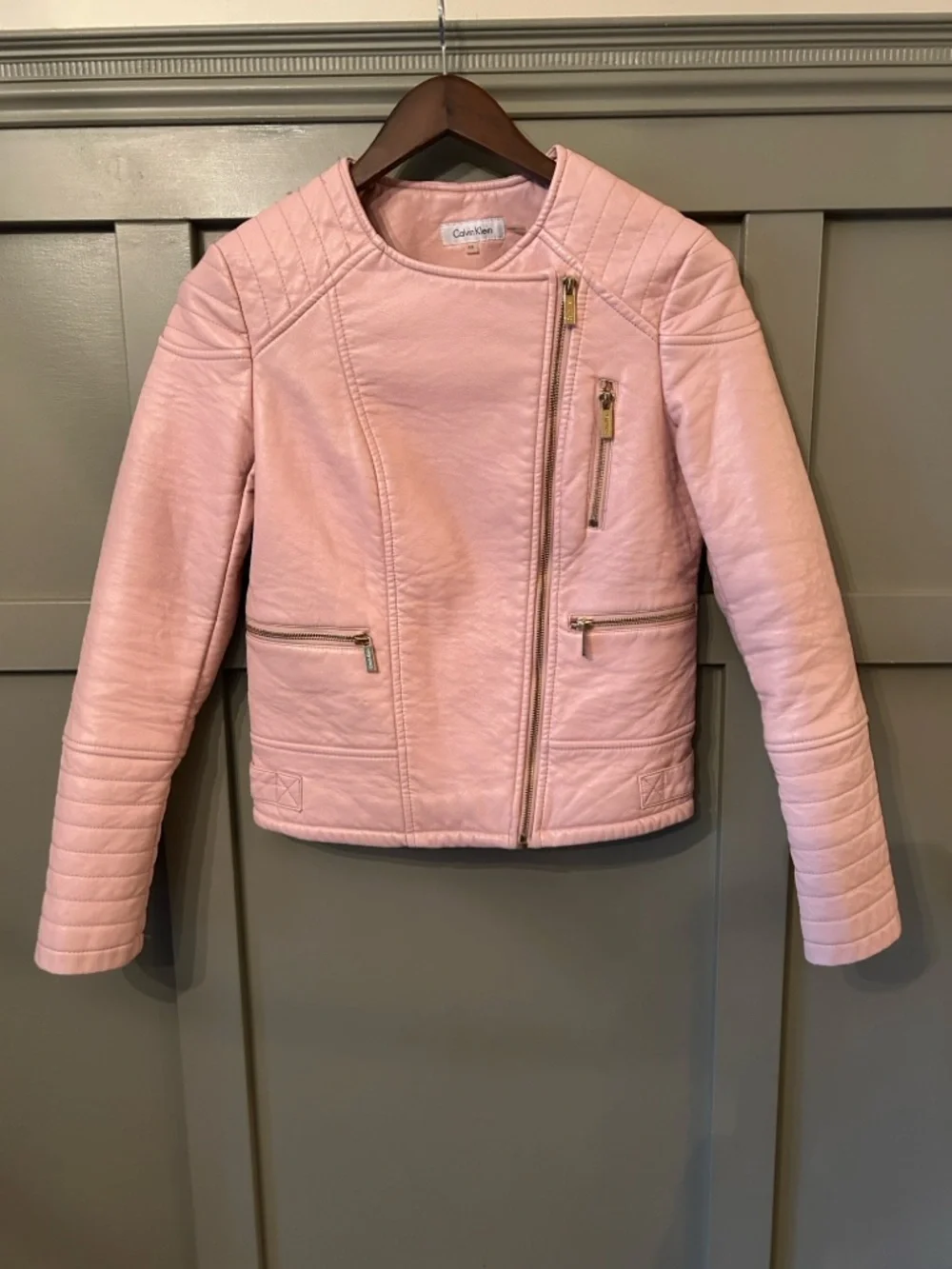 Calvin Klein Faux Leather Quilted Moto Jacket Pink Size XS